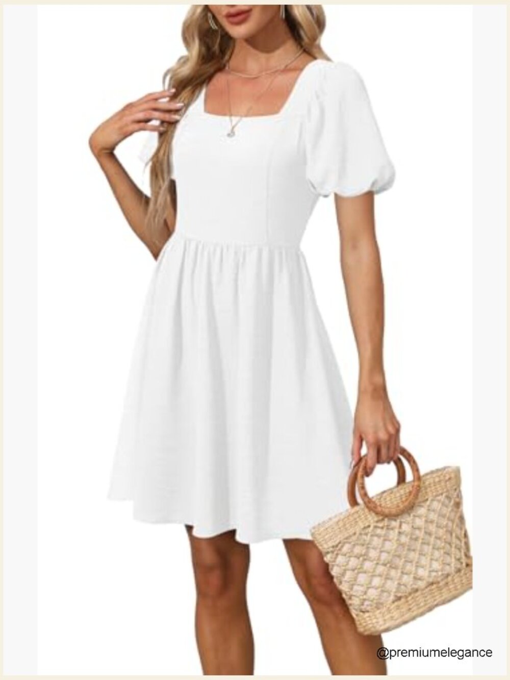Puff Sleeve Square Neck Tie Back Dress with Zipper Casual A-Line - Picture 4 of 7